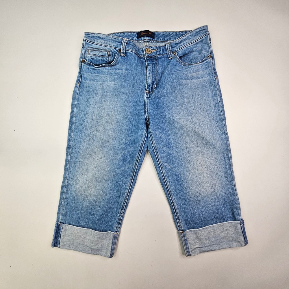 Seven7 Capri Jeans Women Size 12 Blue Medium Wash Cuffed Stretch Denim